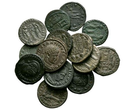 307-337 AD. Group comprising: reverses of Sol (4); two Victories inscribing shield above altar (9); camp gate; various mints 