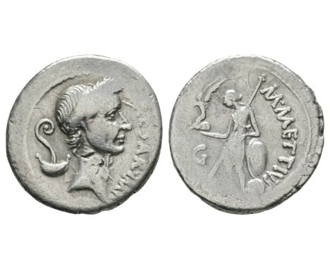 44 BC. Rome mint. Obv: CAESAR IMP legend with laureate head of Julius Caesar right, lituus and simpulum behind head. Rev: M M