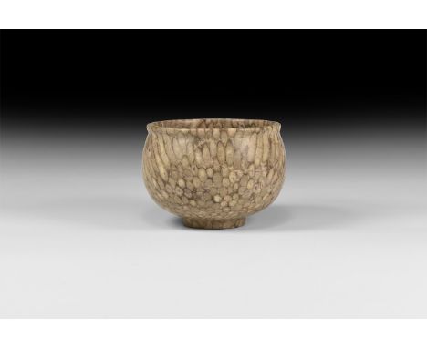 2nd-1st millennium BC. A bulbous polished fossil coral cup with discoid base and rounded rim. 330 grams, 10cm (4"). Property 