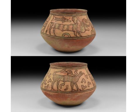 3rd millennium BC. A large ceramic Nal culture storage jar with polychrome decoration depicting a standing bull and a fish to