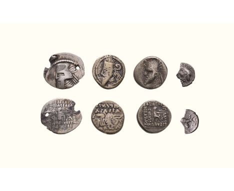1st century BC and later. Group comprising: drachm (kneeling archer reverse; pierced and chipped); fragment (portrait obverse