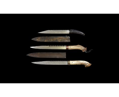 A mixed group of reproduction seax knives comprising: one with black horn whittle-tang hilt, steel single-edged blade with no