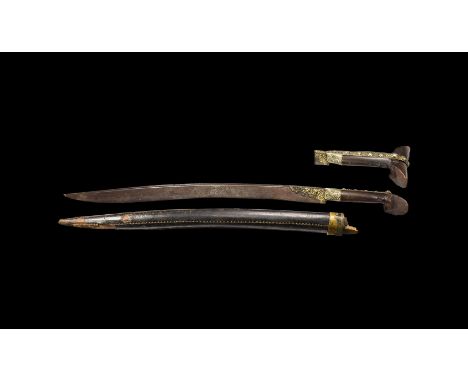 Dated 1220 AH (1806 AD"). A sword with swept single-edged blade and scabbard; the blade with inlaid brass designs and calligr