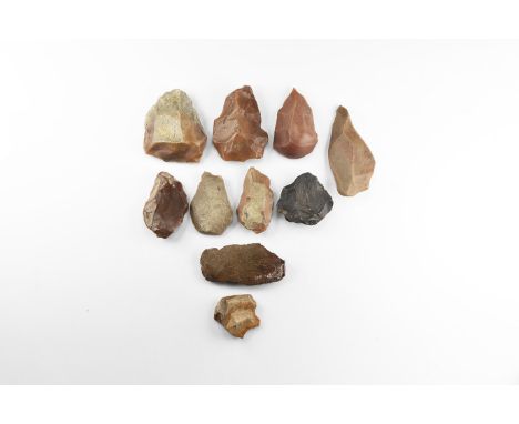 Mainly Mesolithic Era, 12,000-5,000 BC. A mixed group of knapped stone boring and scraping hand-tools. 409 grams total, 40-74