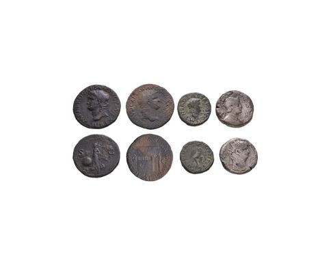 54-68 AD. Group comprising: ases (2; temple and Victory); semis (Roma); Alexandria, tetradrachm (double portrait); 35.80 gram