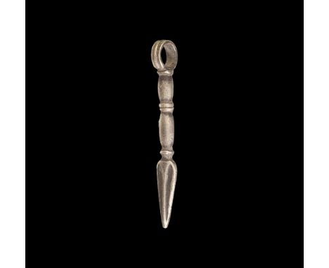 9th-11th century AD. A silver pendant of a spear with balustered shaft, midrib to the leaf-shaped blade, ribbed loop. 4.74 gr