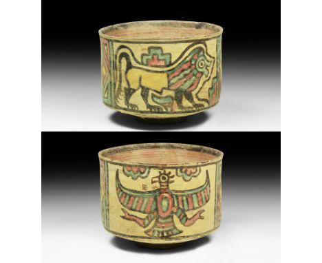 3rd millennium BC. A ceramic Nal culture cup with polychrome pigment decoration in the form of panels depicting a walking lio