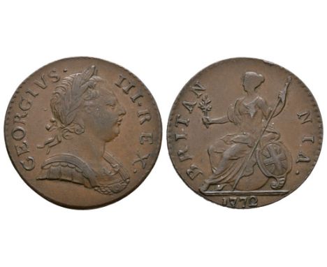 Dated 1772 AD. Early coinages. Obv: profile bust with GEORGIVS III REX legend. Rev: Britannia seated with ball below spearhea