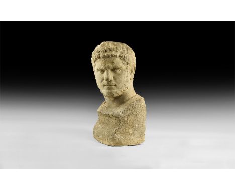 2nd century AD. An oolitic limestone, slightly larger than life, bust of the Emperor Caracalla, head turned to the left, show