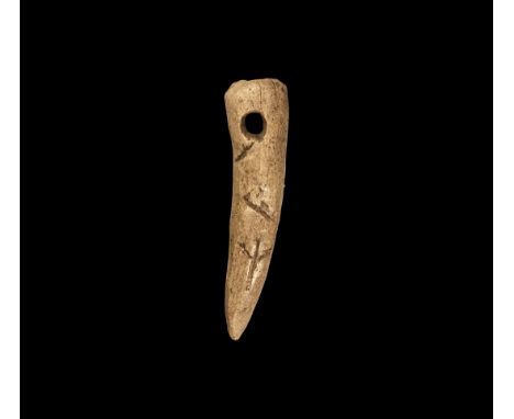 9th-11th century AD. A carved antler tine or horn tip with suspension hole, three incised 'runic' characters to one face. 10 