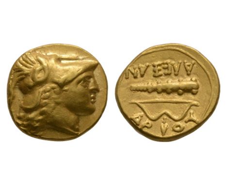 330-320 BC. Amphipolis mint. Obv: helmeted head of Athena right. Rev: ALEXAN-DROY legend above and beneath bow and club; spea