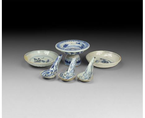 Ming Dynasty, 17th century AD. A group of blue and white ceramic vessels consisting of: two shallow bowls, one decorated with