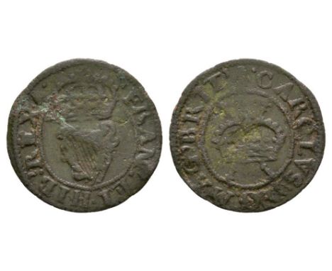 1634-1636 AD. Type 2, obverse 4, reverse 1. Obv: crown over crossed sceptres with CAROLVS D G MAG BRIT legend and 'bell' mint
