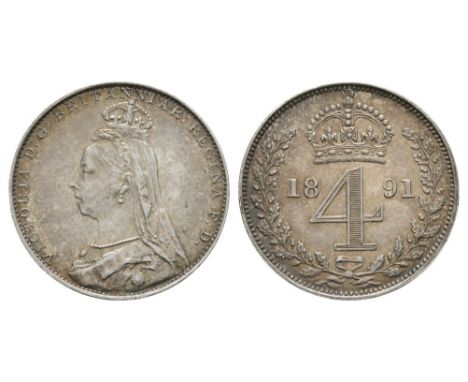 Dated 1891 AD. Jubilee head. Obv: profile bust with VICTORIA D G BRITANNIAR REGINA F D legend. Rev: crown over 4 dividing dat