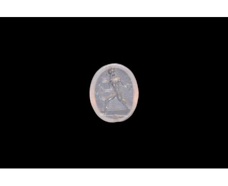 1st-2nd century AD. A crystal cloison with chamfered edge, intaglio warrior with helmet and sword holding a large shield. 0.3