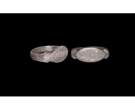 2nd-3rd century AD. A silver finger ring comprising a narrow D-section hoop, ledge to each shoulder, scaphoid bezel with 'VTR