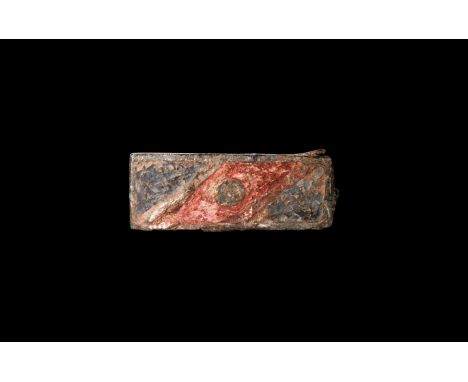 2nd century AD. A rectangular plate brooch with pin, lugs and catch to the reverse, raised beaded wire fragmentary border to 