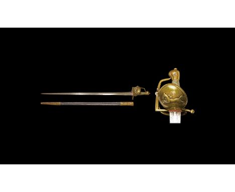 19th century AD. A slender two-edged sword with brass shell to the hilt and stirrup finger guard, running horse motif; leathe