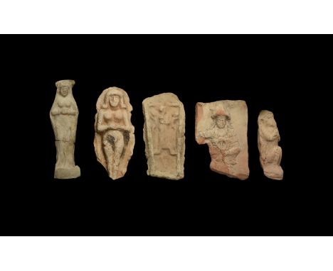 20th-7th century BC. A group of ceramic plaques comprising of: a rectangular with a standing figure surrounded with a snake t
