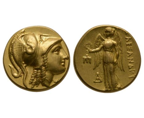 30-320 BC. Mint in Macedonia. Obv: helmeted head of Athena right. Rev: ALEXANDROY legend with Nike standing left, holding wre