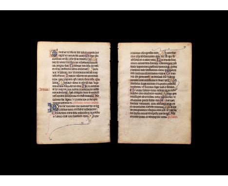 13th-14th century AD. A vellum manuscript page with dry-point lining; recto: block of twenty lines of blackletter text with r