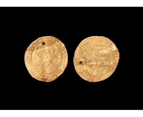 1620-1621. A James I gold quarter laurel (five shillings) pierced for use as a pendant, first bust, third coinage, with laure