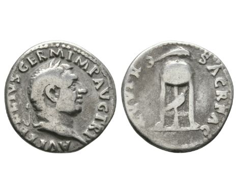 69 AD. Rome mint. Obv: A VITELLIVS GERM IMP AVG TR P legend with laureate head right. Rev: XV VIR SACR FAC legend with tripod
