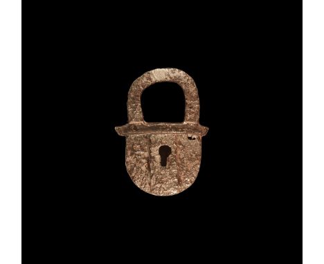 16th century AD. An iron padlock with D-shaped case, keyhole to the obverse, bracket and hinged loop; marked '2B' to the reve