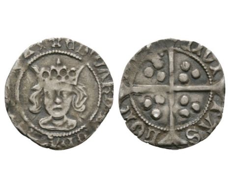 1480-1483 AD. Second reign, type XXI. Obv: facing bust with EDWARD DI GRA REX ANGLI legend with 'cinquefoil' mintmark. Rev: l