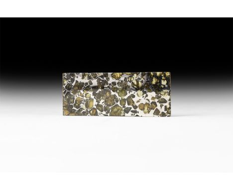 A highly polished rectangular slice of the Seymchan meteorite with an exceptional number of transparent olivine inclusions Se