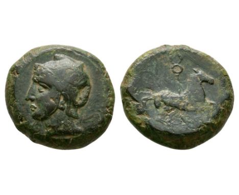 400-350 BC. Obv: male head left, wearing Attic helmet, Punic letter to left. Rev: free horse galloping right, caduceus in bac