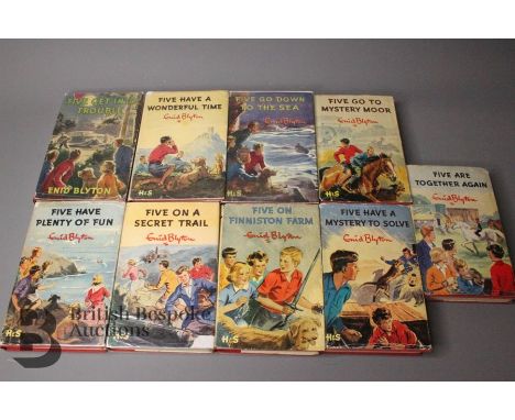 Nine Enid Blyton Famous Five 1st editions. Five Get Into Trouble 1949, 8th book in series, not price clipped, ink name. Five 