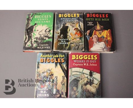 Five W.E John Biggles First Editions, in dust jackets, Biggles Hunts Big Game pub. H &amp; S 1948, ink inscription, Biggles B