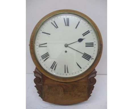 A Victorian walnut drop dial wall clock having a 12" dial, fitted with a chain fusee movement, within a turned surround, over