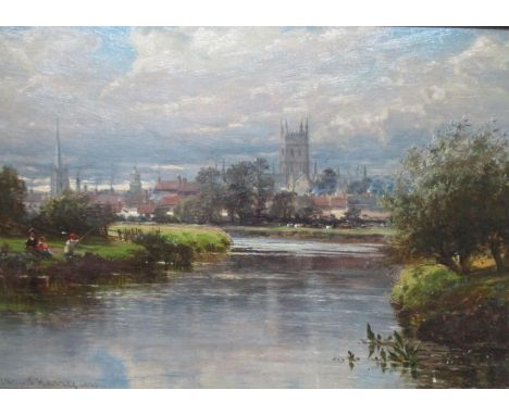 William E Harrison - 'Worcester Cathedral from the Severn', with a mother and two children on the bank, one fishing, with a v