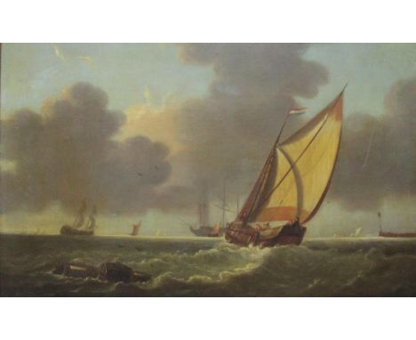 In the manner of Johannes Hermamus Koekkoek - a seascape with boats under sail and a buoy to the foreground, oil on canvas, 1