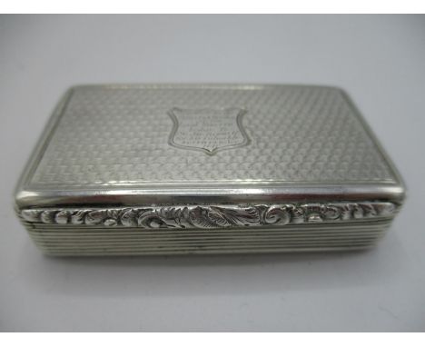 A Victorian silver snuff box, Birmingham 1839, by Francis Clark of rectangular form with engine turned decoration, the lid wi