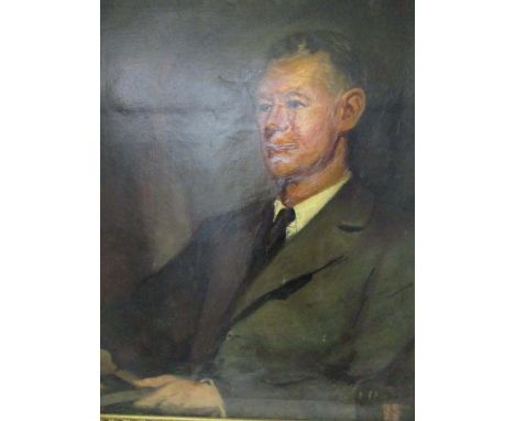 Lee - a Half length portrait of a seated gentleman wearing a grey suit, white shirt and black tie, oil on canvas signed and d