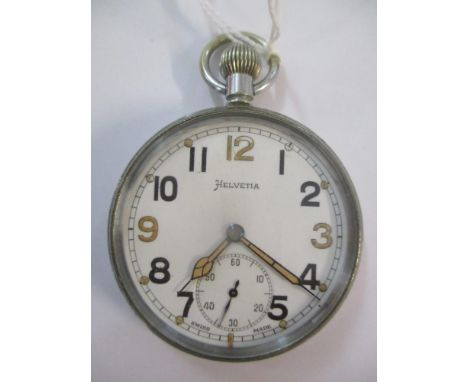 An early 20th century Helveta nickel cased, keyless wound pocket watch. The white enamel dial having Arabic numerals and subs