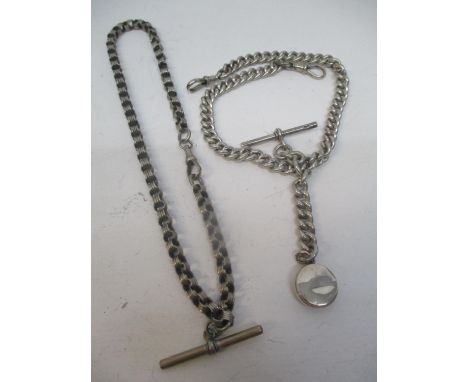 Two T-bar silver pocket watch chains to include one having an attached compass, fob, total weight 98.5g 