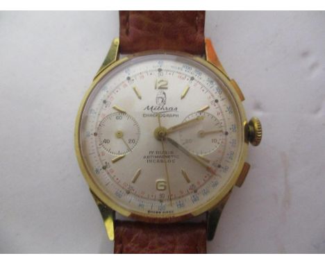 A Mithras Chronograph gents gold plated manual wind wristwatch. The silvered dial having subsidiary dials for seconds and min