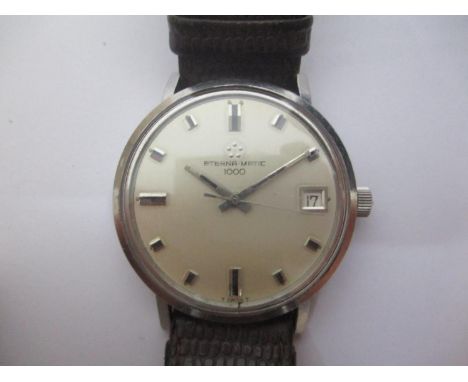 An Eterna Matic 1000 gents, stainless steel, automatic wristwatch, having a silvered dial, baton markers, date aperture at 3 