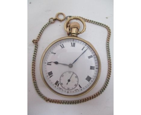 An early 20th century 9ct gold, open face, keyless wound pocket watch. The white enamel dial having Roman numerals and subsid