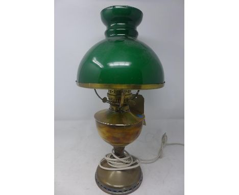 A Victorian brass table lamp with green glass shade, converted from oil, H.52cm 