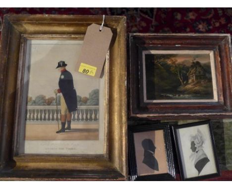 A framed print of George III, together with silhouette miniatures and a small oil on board landscape of a house by a river (q
