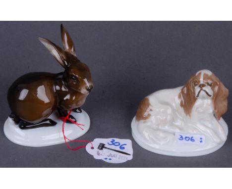 Hase und Pekinese. Rosenthal 20. Jh. Porzellan, naturalistisch modelliert und staffiert; am Boden grüne Stempelmarke, Modelln