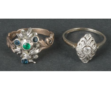 Damenring. 14 kt Gold, besetzt mit Brillant, ca. 0,10 ct; dazu weiterer Ring, vergoldet, mit Steinbesatz, Ringgröße 51 / 53.