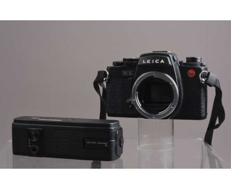 A Leica R-E Camera Body, serial no 1754793, 1988, GMBH Germany, shutter working, meter working, body G-VG, with Leica R Motor