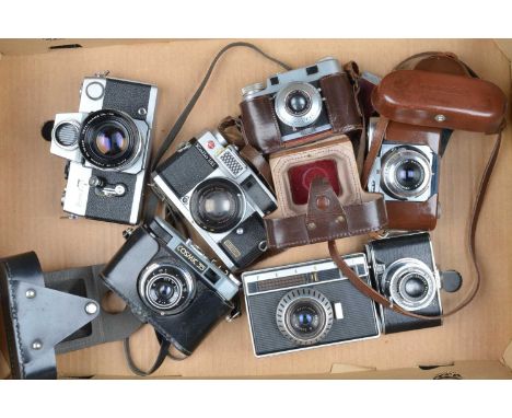 A Tray of Various Cameras,  including a Petri Flex 7, shutter working, meter unresponsive, self timer working, body G, elemen