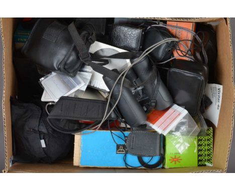 A Box of Camera Related Items, including a Zhiyun Smooth 4 smart phone gimbal, Jobodrum 4531, power drives, tele converters, 